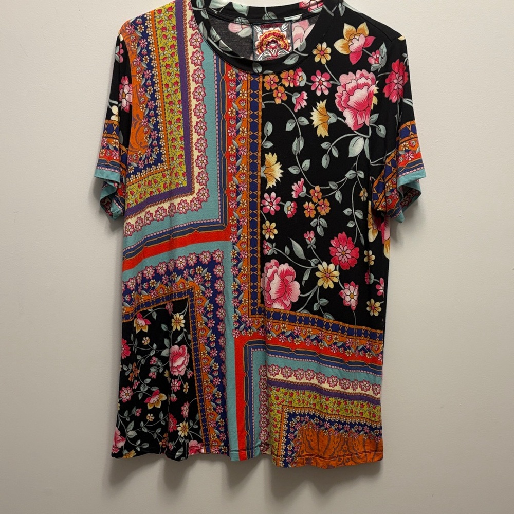 Johnny Was Black and Pink Floral Short Sleeve Tee